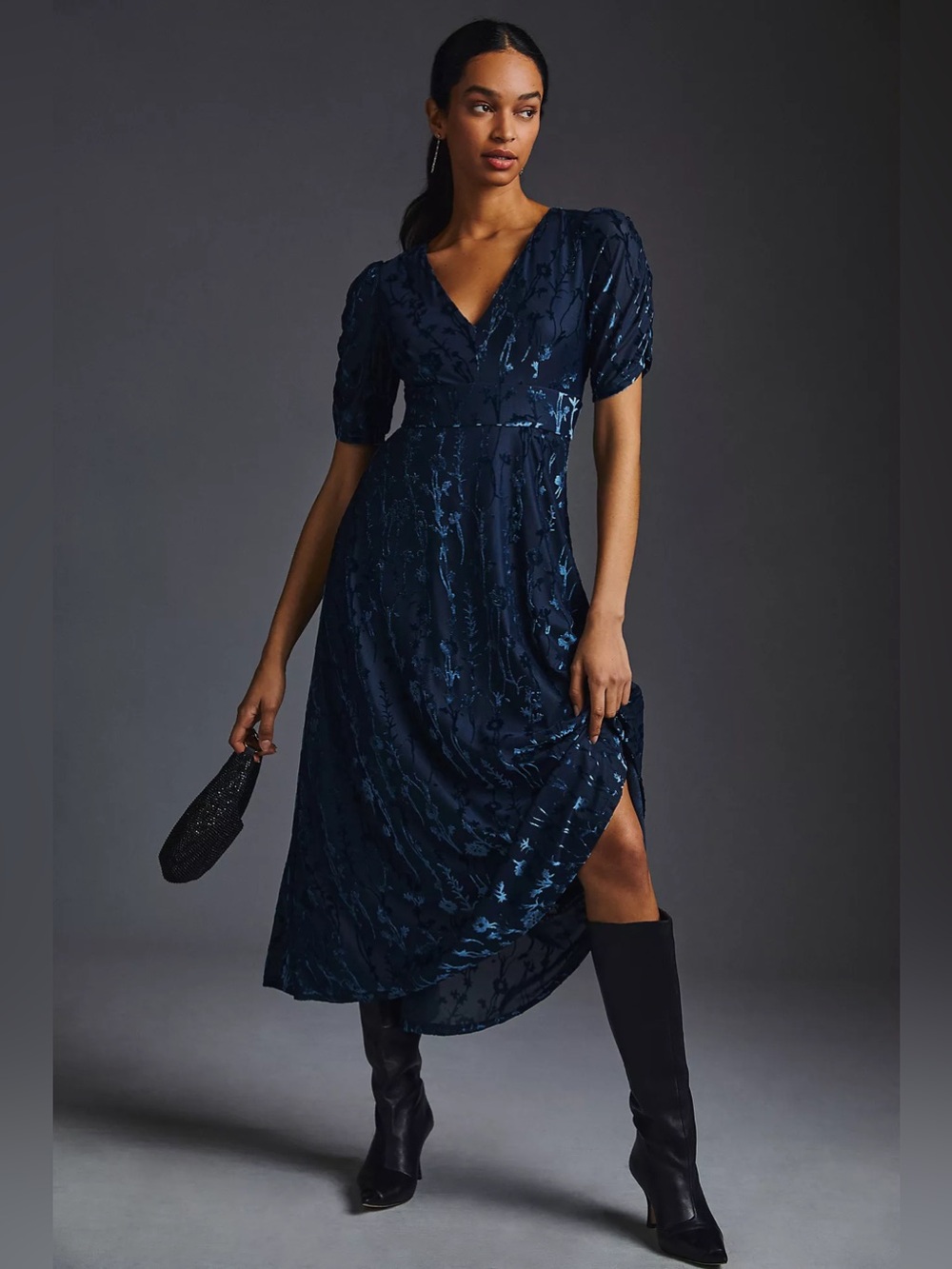 Anthropologie Hutch Puff-Sleeve Velvet Maxi Dress